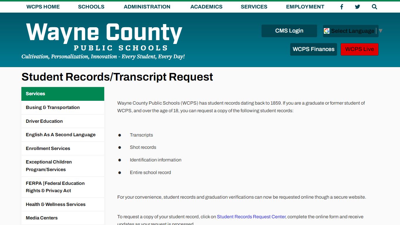 Student Records/Transcript Request - Wayne County Public Schools
